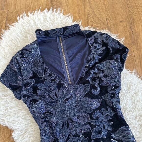 AKIRA Navy Velvet and Sequin Floral Mini Dress | Size S - Picture 2 of 8